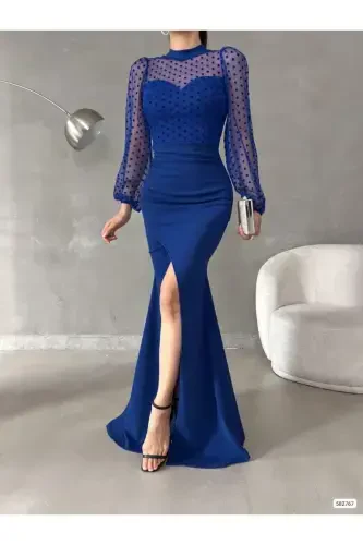 Woman Sax Blue Turtleneck Tulle Detail Slit Plus Size Maxi Evening Dress-Sax Blue - 1