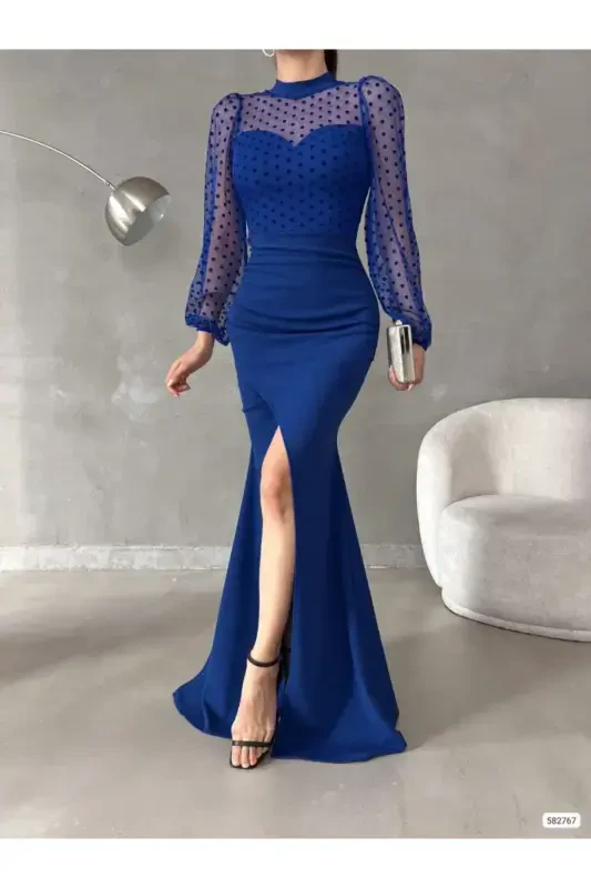 Woman Sax Blue Turtleneck Tulle Detail Slit Plus Size Maxi Evening Dress-Sax Blue - 1