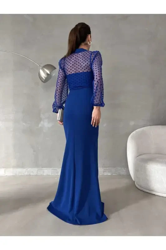 Woman Sax Blue Turtleneck Tulle Detail Slit Plus Size Maxi Evening Dress-Sax Blue - 5