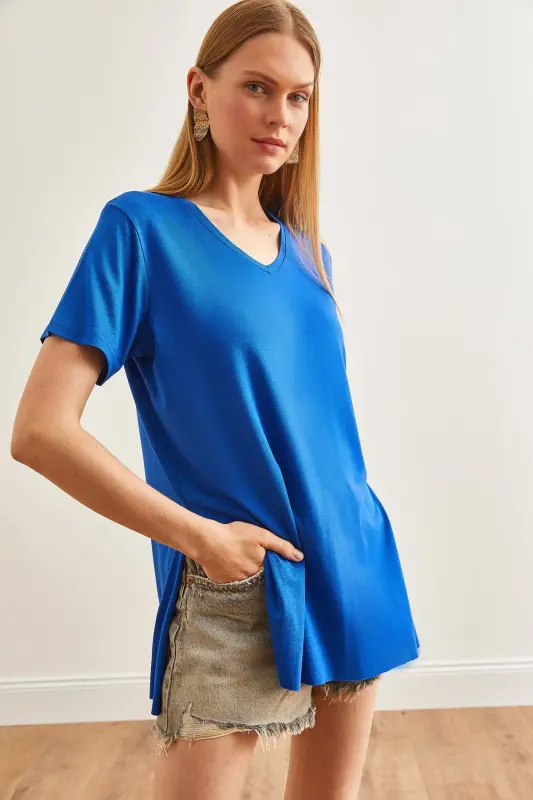 Woman Sax Blue V Neck Side Slit Flowy Sala - 1
