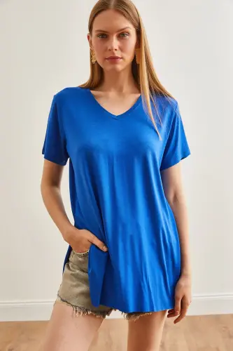 Woman Sax Blue V Neck Side Slit Flowy Sala - 4