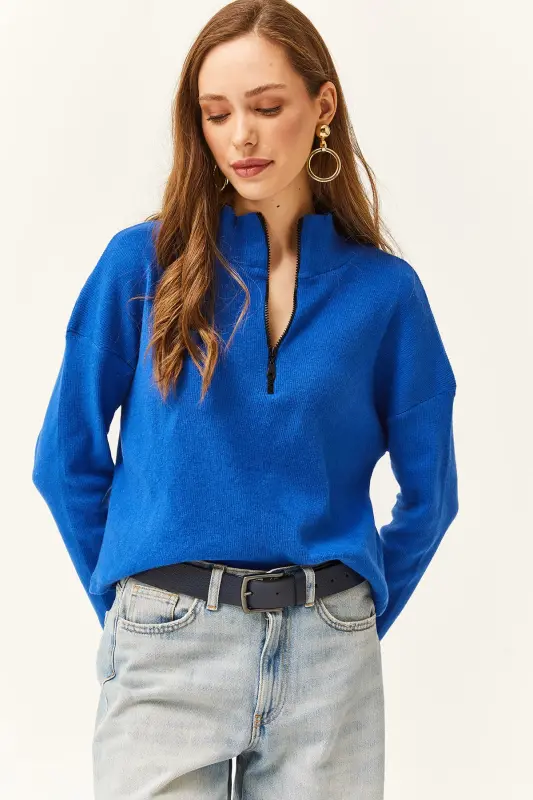 Woman Sax Blue Zippered Stand-up Collar Sweatshirt-Sax Blue - OLALOOK