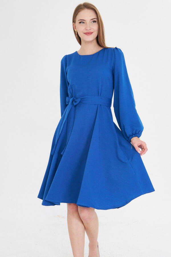 Woman Sax Crew Neck Back Zipper Belted Long - 1