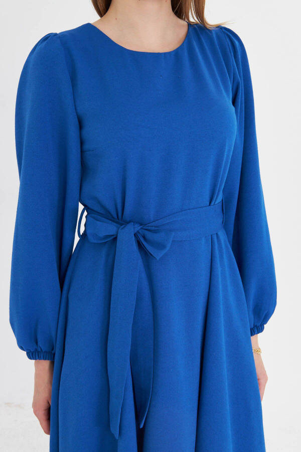 Woman Sax Crew Neck Back Zipper Belted Long - 2