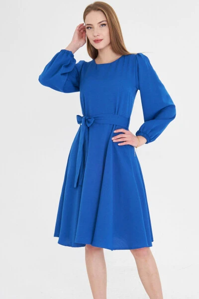 Woman Sax Crew Neck Back Zipper Belted Long - 3