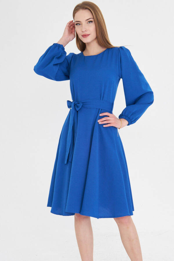 Woman Sax Crew Neck Back Zipper Belted Long - 3