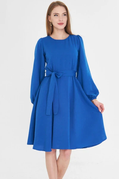 Woman Sax Crew Neck Back Zipper Belted Long - 4