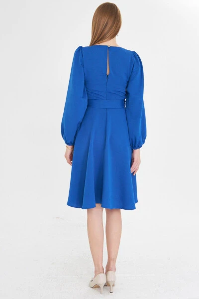 Woman Sax Crew Neck Back Zipper Belted Long - 5