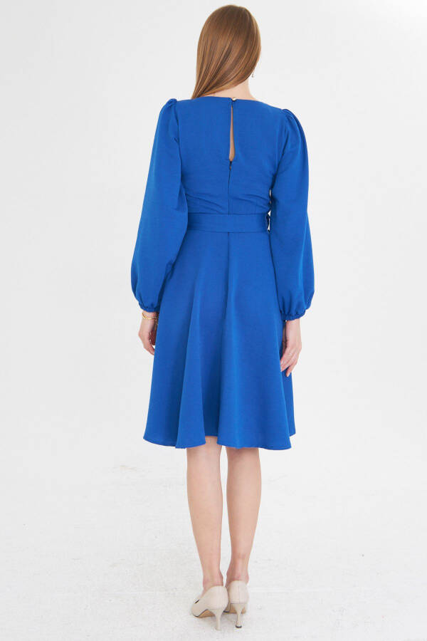 Woman Sax Crew Neck Back Zipper Belted Long - 5