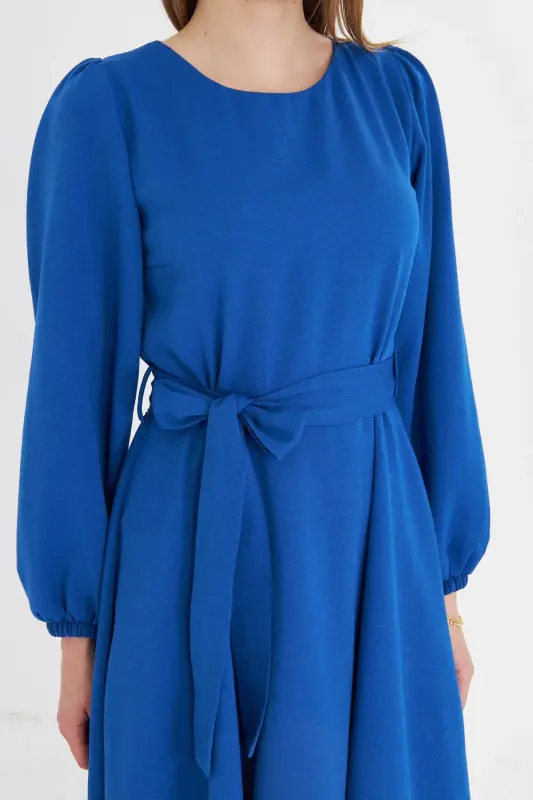 Woman Sax Crew Neck Back Zipper Belted Long - 3