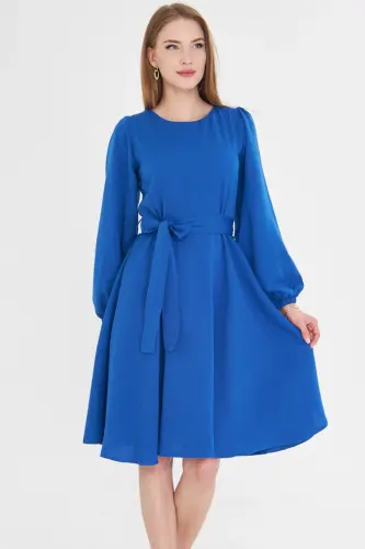 Woman Sax Crew Neck Back Zipper Belted Long - 5