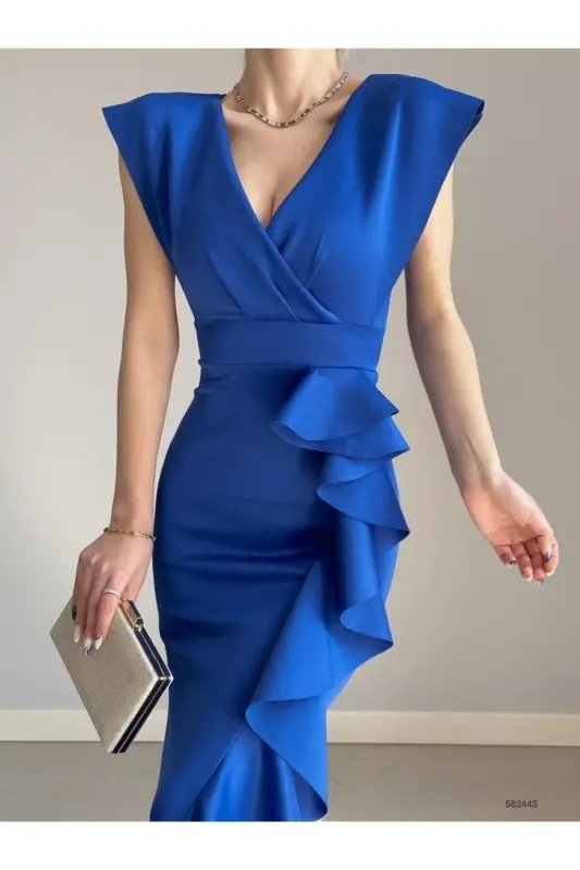 Woman Sax Scuba Diver Fabric Crossover Collar Skirt Ruffled Evening Graduation Wedding Dress-sax - 2