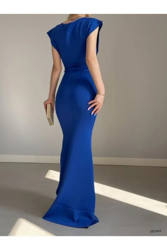 Woman Sax Scuba Diver Fabric Crossover Collar Skirt Ruffled Evening Graduation Wedding Dress-sax - 3