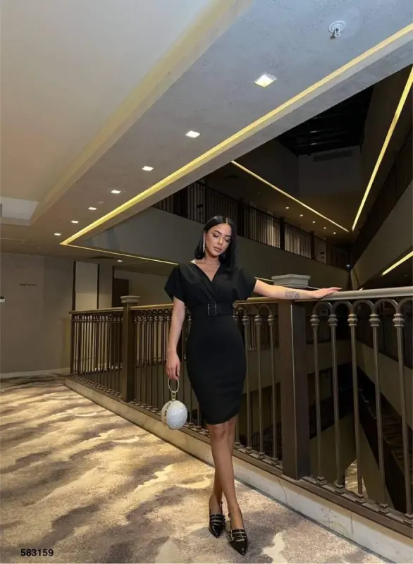 Woman Scuba Crepe V Neck And Back Detailed Dress - BÜYÜKBEDENIZ
