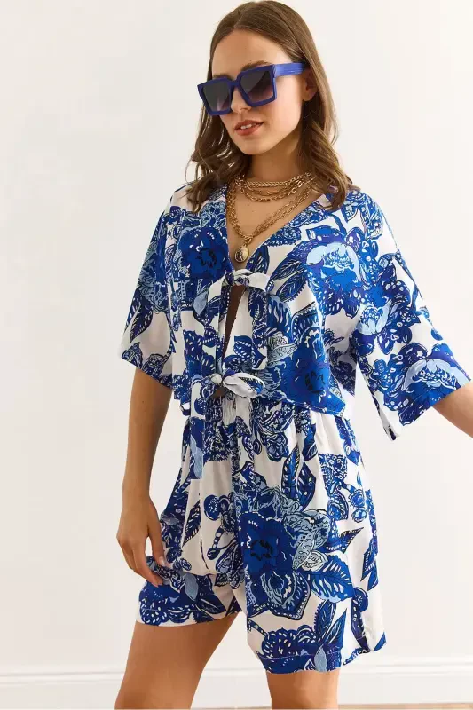 Woman Shawl Navy Top Blouse Bottom Pocketed Shorts Woven - 1