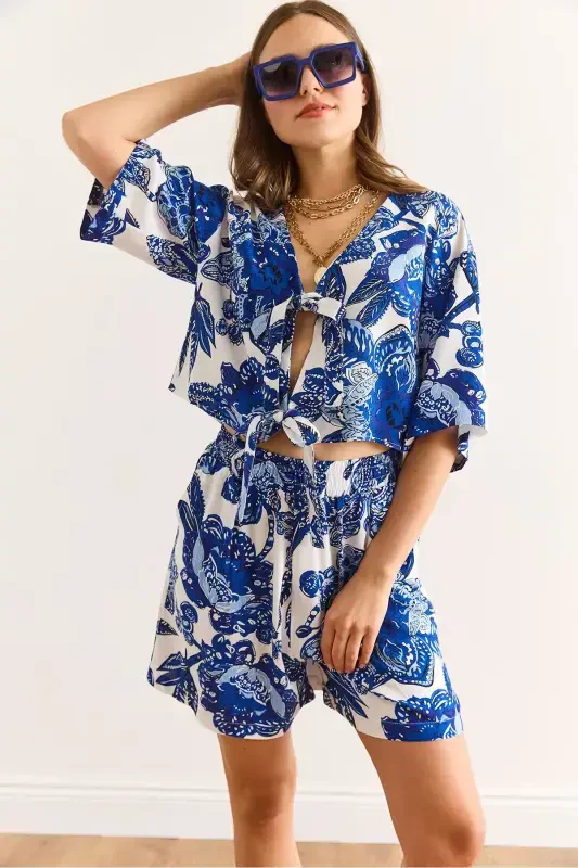 Woman Shawl Navy Top Blouse Bottom Pocketed Shorts Woven - 2