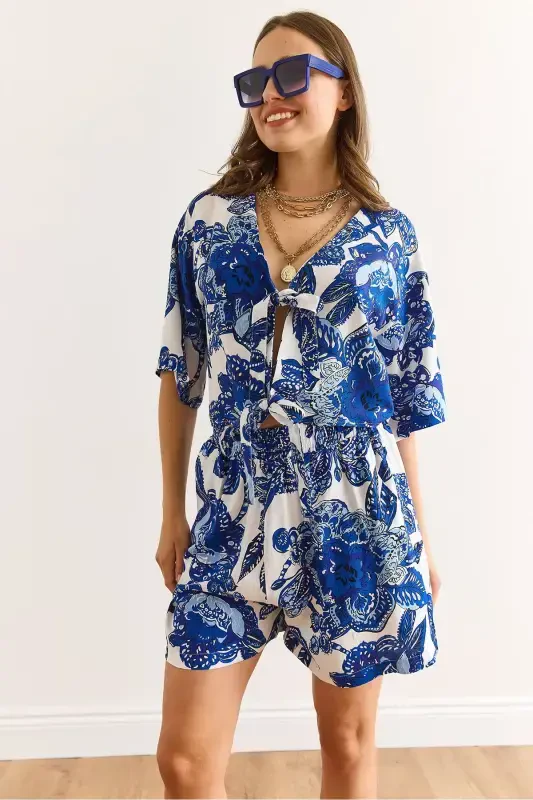 Woman Shawl Navy Top Blouse Bottom Pocketed Shorts Woven - 3