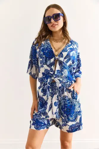 Woman Shawl Navy Top Blouse Bottom Pocketed Shorts Woven - 4