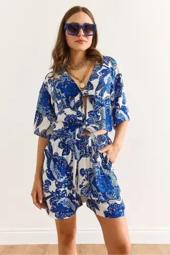 Woman Shawl Navy Top Blouse Bottom Pocketed Shorts Woven - 5