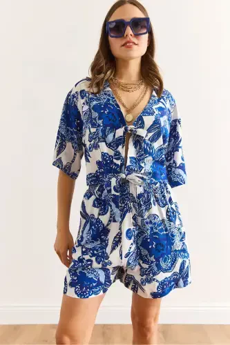 Woman Shawl Navy Top Blouse Bottom Pocketed Shorts Woven - 7