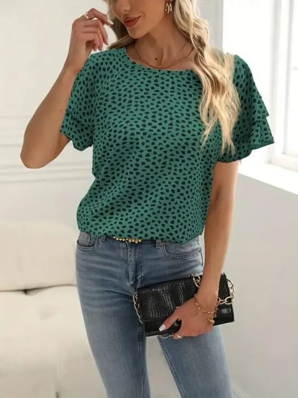 Woman Short Sleeve Ruffled Sleeve Printed Supreme Blouse - 1