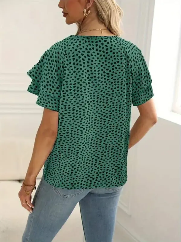 Woman Short Sleeve Ruffled Sleeve Printed Supreme Blouse - 2
