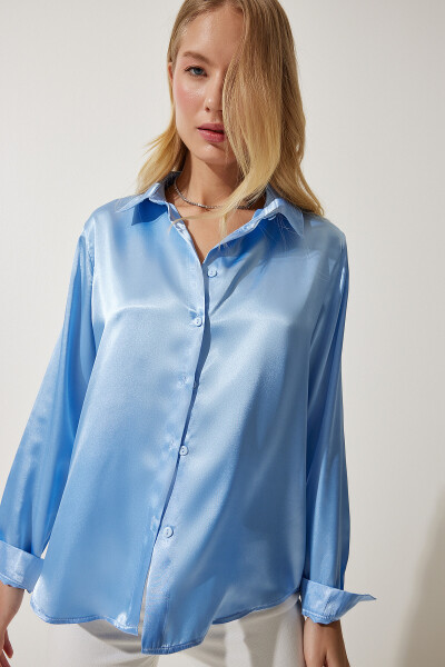 Woman Sky Blue Lightweight Flowy Satin Surface Shirt DD00990 