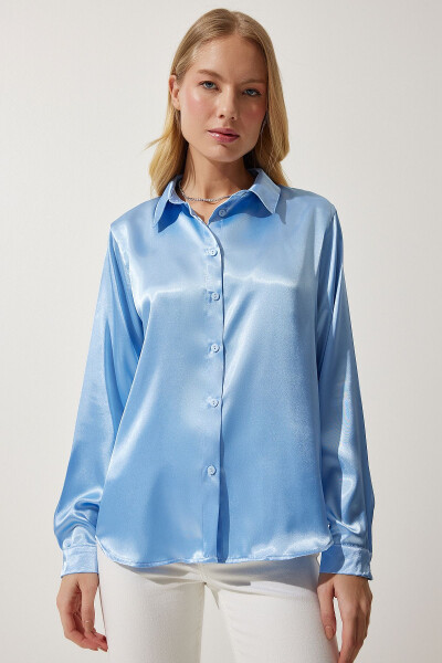 Woman Sky Blue Lightweight Flowy Satin Surface Shirt DD00990 - 5