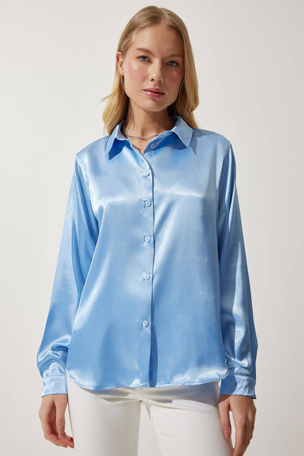 Woman Sky Blue Lightweight Flowy Satin Surface Shirt DD00990 - 5