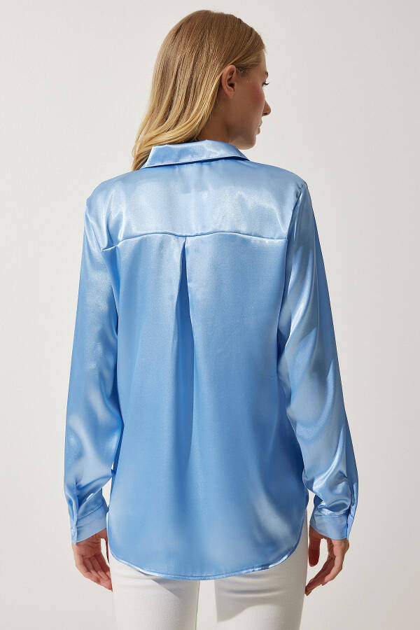 Woman Sky Blue Lightweight Flowy Satin Surface Shirt DD00990 - 7
