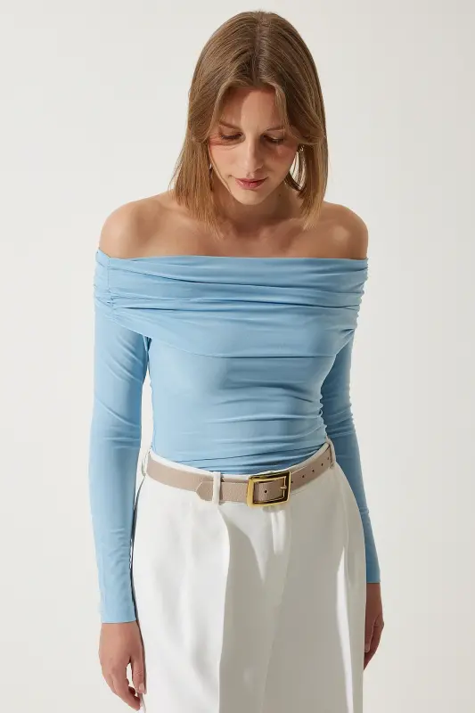 Woman Sky Blue Off Shoulder Smocked Detail Blouse FF00161-Sky Blue - 2