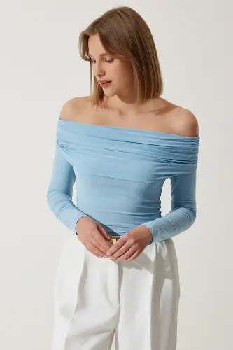 Woman Sky Blue Off Shoulder Smocked Detail Blouse FF00161-Sky Blue - 4