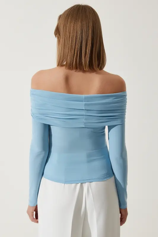 Woman Sky Blue Off Shoulder Smocked Detail Blouse FF00161-Sky Blue - 5