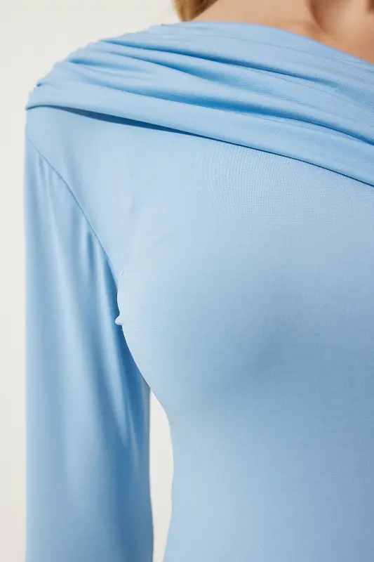 Woman Sky Blue One Shoulder Gathered Detail Knitted Blouse ZH00032-Sky Blue - 5