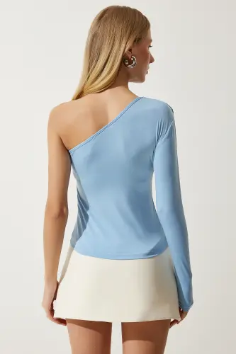 Woman Sky Blue One Shoulder Gathered Detail Knitted Blouse ZH00032-Sky Blue - 6