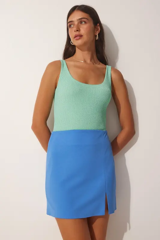 Woman Sky Blue Slit Mini Skirt FN03080-Sky Blue - 2