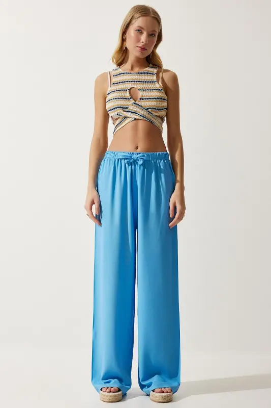 Woman Sky Blue Summer Viscose Palazzo Pants EN00610-Sky Blue - 1