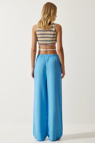 Woman Sky Blue Summer Viscose Palazzo Pants EN00610-Sky Blue - 5