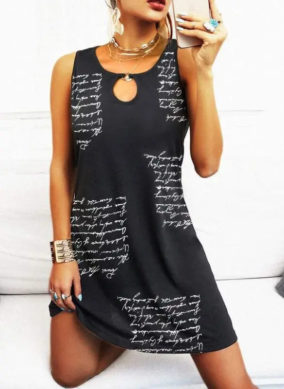 Woman Sleeveless Ring Detail Letter Pattern Micro Dress - 3