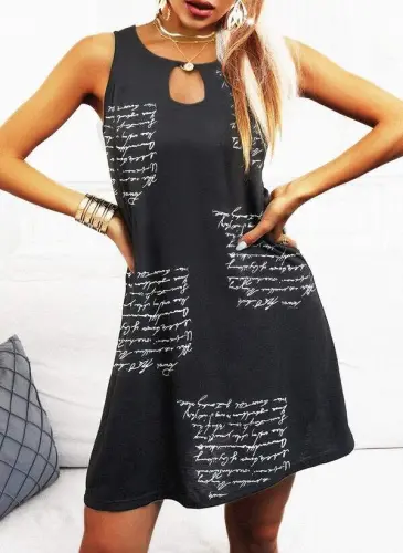 Woman Sleeveless Ring Detail Letter Pattern Micro Dress - 5