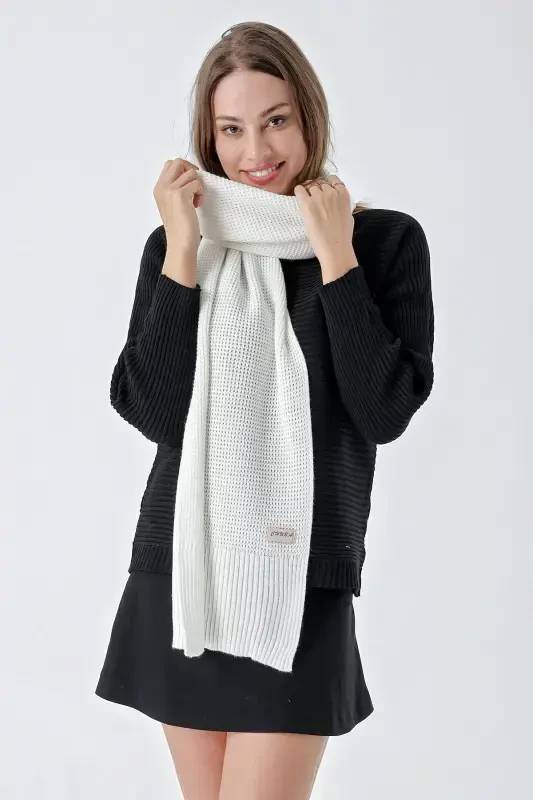 Woman Soft Touch Knitted Detailed Scarf Ecru 24W1321-Ecru - 1