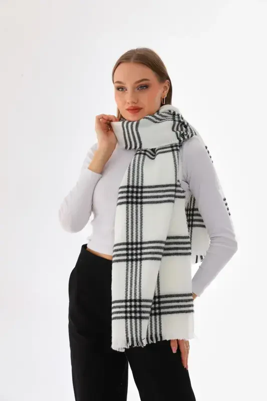 Woman Soft Touch Plaid Scarf-Ecru - RITAGARCIA
