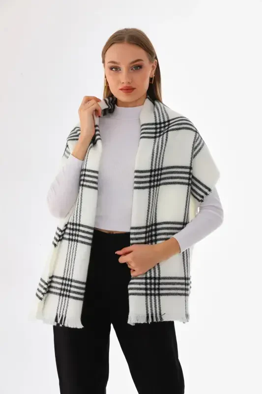 Woman Soft Touch Plaid Scarf-Ecru - 2