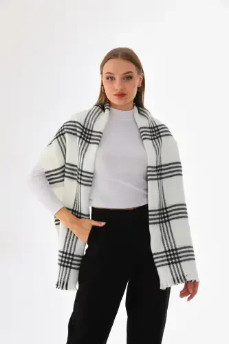 Woman Soft Touch Plaid Scarf-Ecru - 3