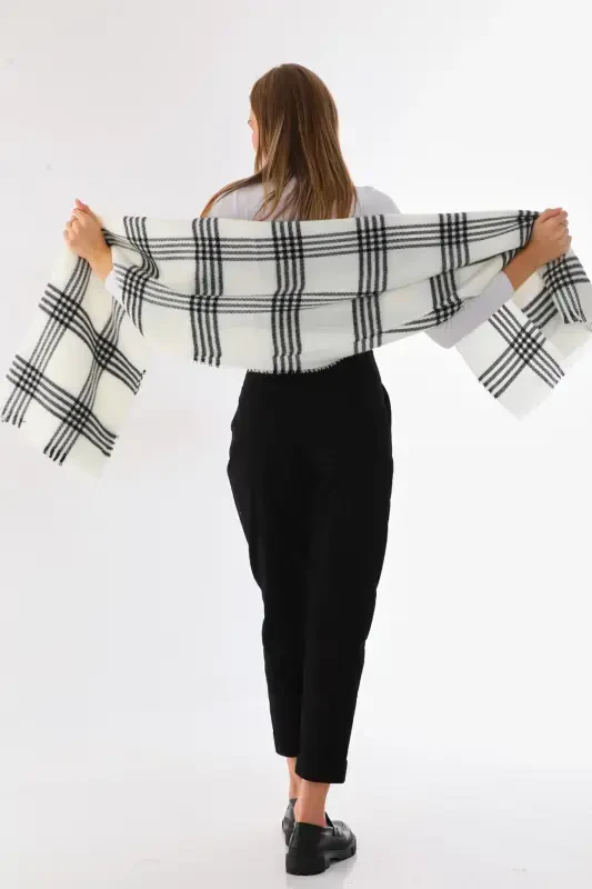 Woman Soft Touch Plaid Scarf-Ecru - 5