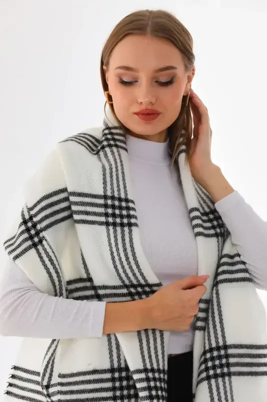 Woman Soft Touch Plaid Scarf-Ecru - 6