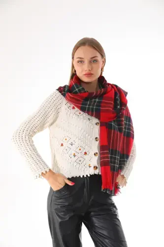 Woman Soft Touch Red-Green Plaid Scarf-Red - 1