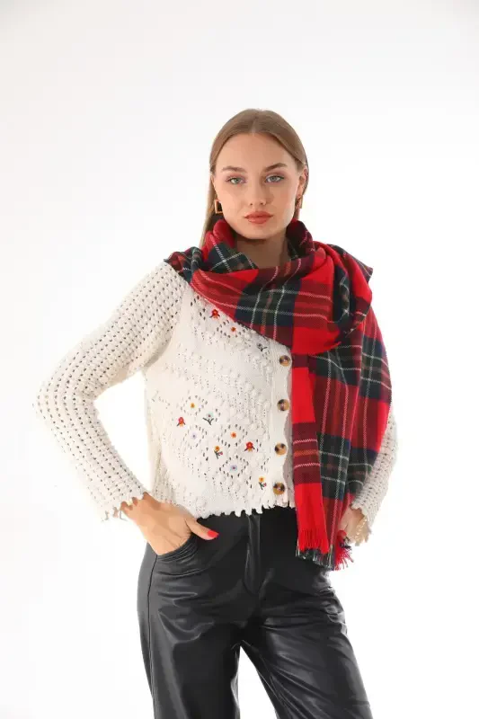 Woman Soft Touch Red-Green Plaid Scarf-Red - RITAGARCIA