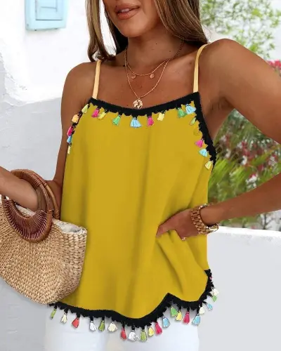 Woman Spaghetti Strap Tassel Detailed Sandy Blouse - 1