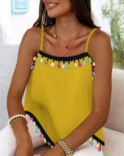 Woman Spaghetti Strap Tassel Detailed Sandy Blouse - BÜYÜKBEDENIZ (1)